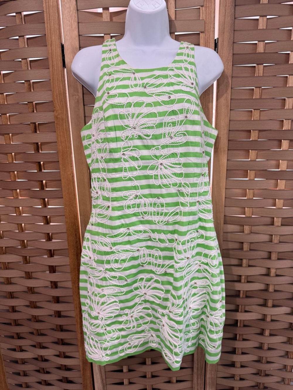 Lilly Pulitzer Lime Green White Stripe Embroidered Floral Cubic Zirconia Dress
